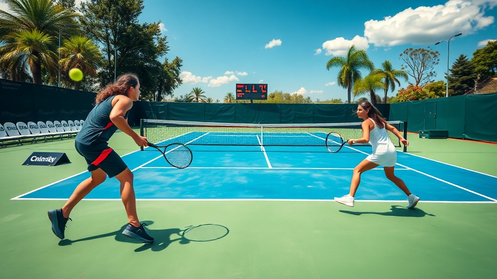 테니스 코트에서 타이브레이크 경기 중인 선수들의 모습과 스코어보드가 보이는 장면