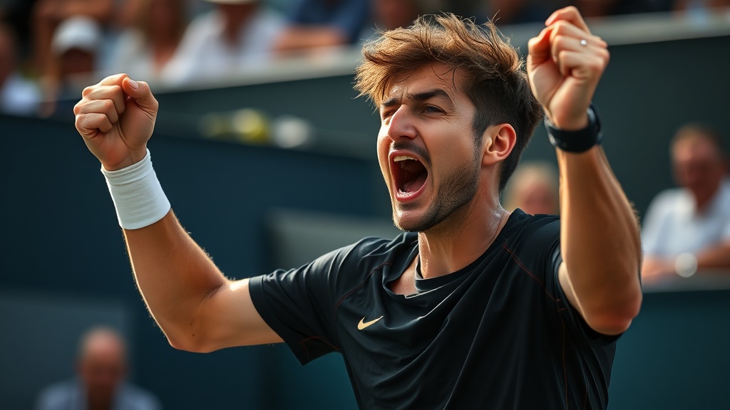 테니스 선수가 타이브레이크에서 중요한 포인트를 득점한 직후의 장면